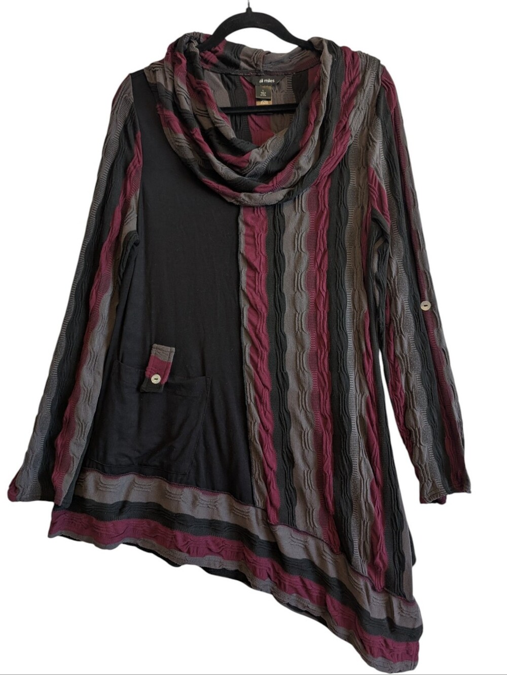 Ali Miles Cowl Neck Long Sleeve Tunic Shirt Hi Lo Black Purple Sz L
